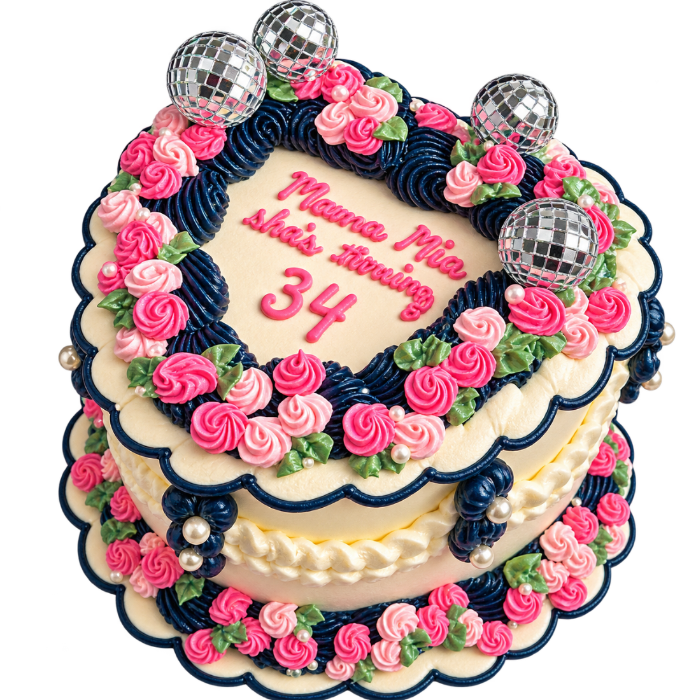 Mamma Mia heart cake with disco balls